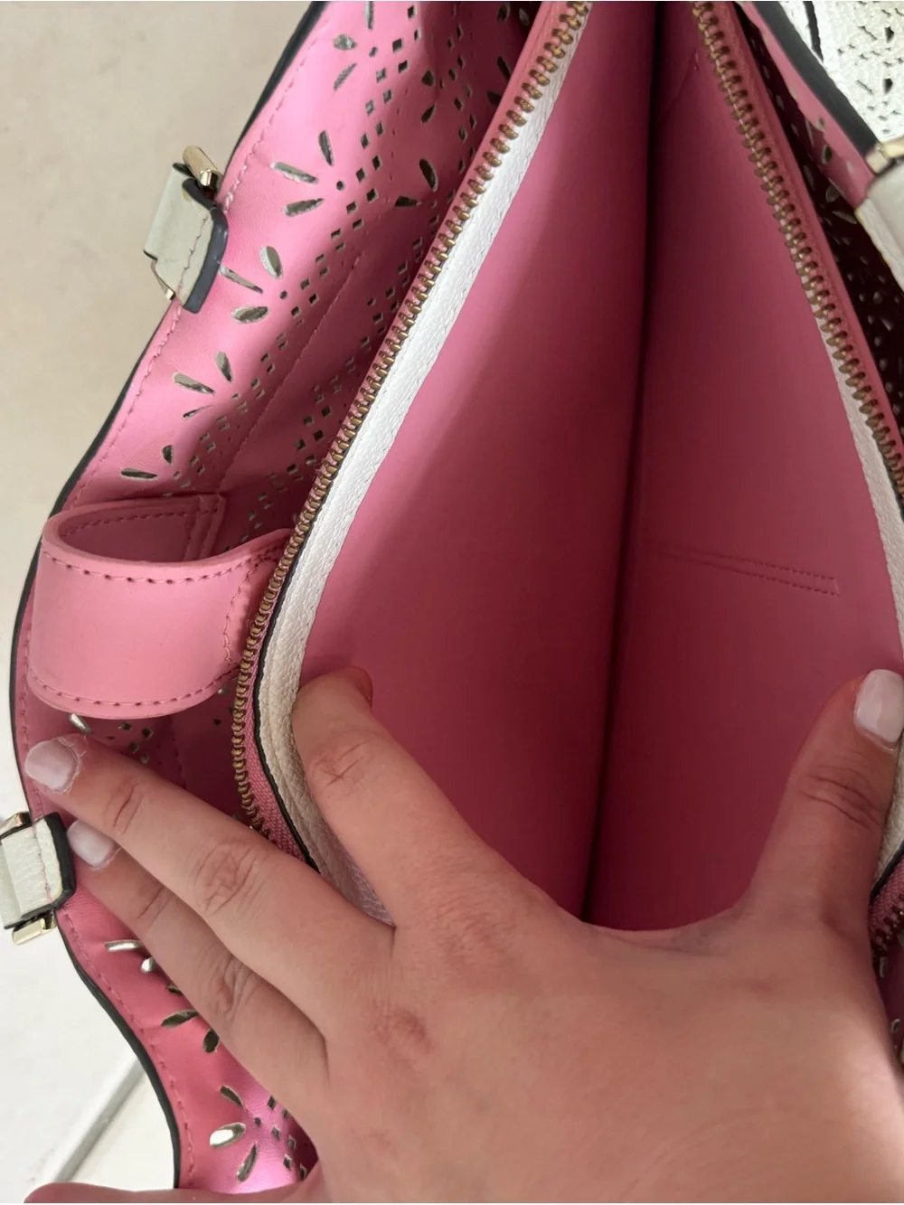 kate spade Cream Tote with Pink Interior and Tassel Detail